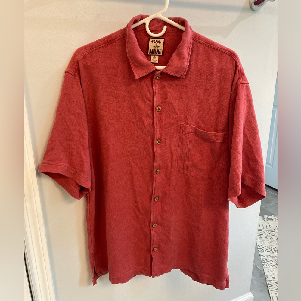 Tommy Bahama Mens Silk Short Sleeve Pocket button up Shirt Salmon Pink sz L
